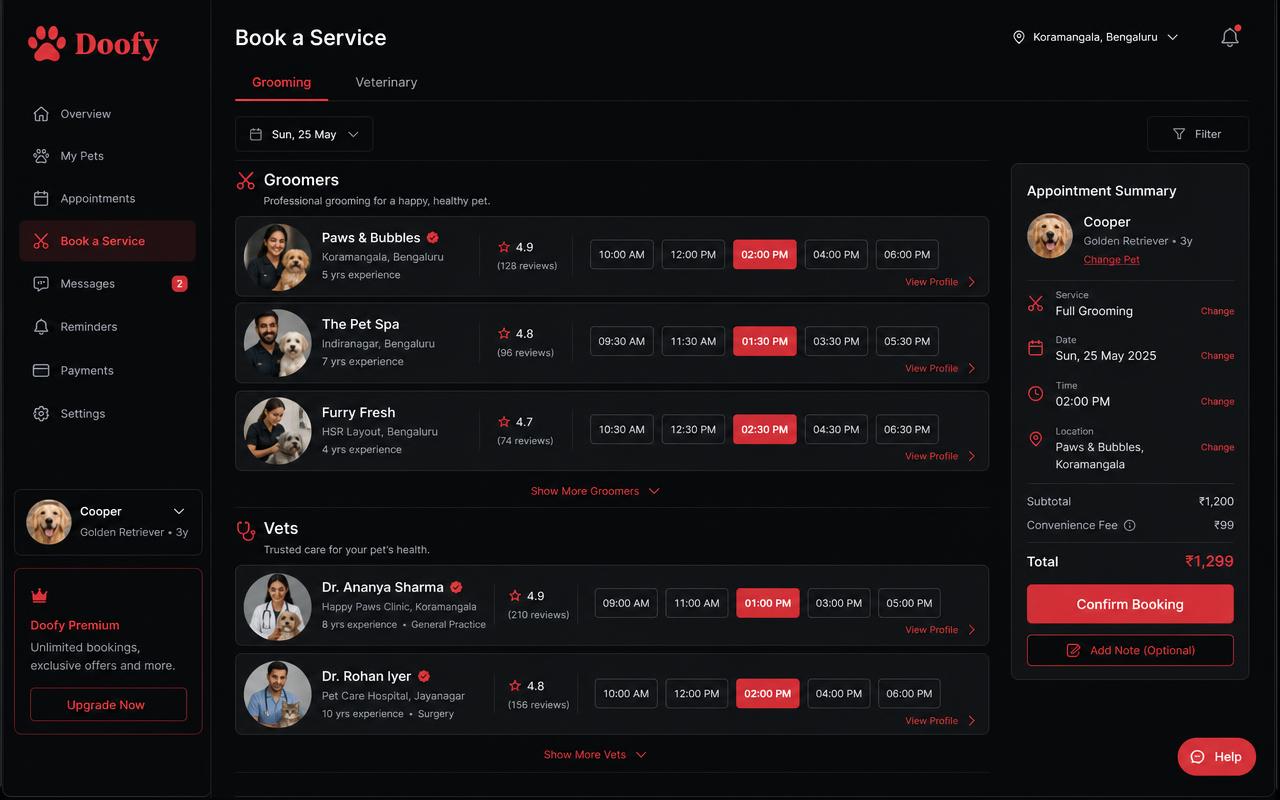 Doofy service booking screen with vets and groomers